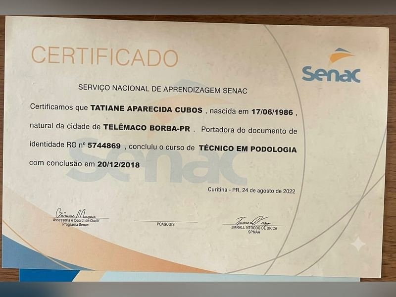 Certificado de conclusão do curso Técnico em Podologia pelo SENAC
